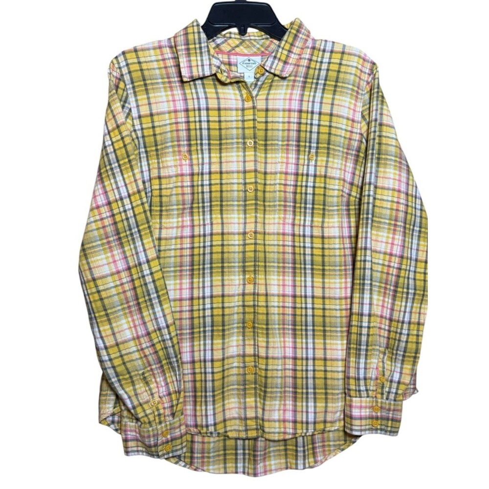 100% Cotton Yellow Plaid Flannel Long Sleeve Button-Up Cotton Shirt Y2K Vibe- L